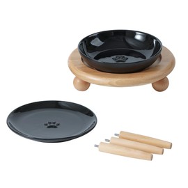 Havniva Raised Ceramic Feeding Bowl with Wide Whisker, Food and Water Bowl with 2 Styles, Adjustable, Anti Choking, Elevated Feeding Bowl (1 Bowl+1 Flat Bowl+Stand, Black)