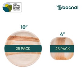 BOSNAL Palm Leaf Biodegradable Plates Combo – 50 pcs (25 x 10 Inch Round + 25 x 4 Inch Square) | Eco-Friendly, Compostable, Disposable Dinnerware for Parties, Weddings & Events