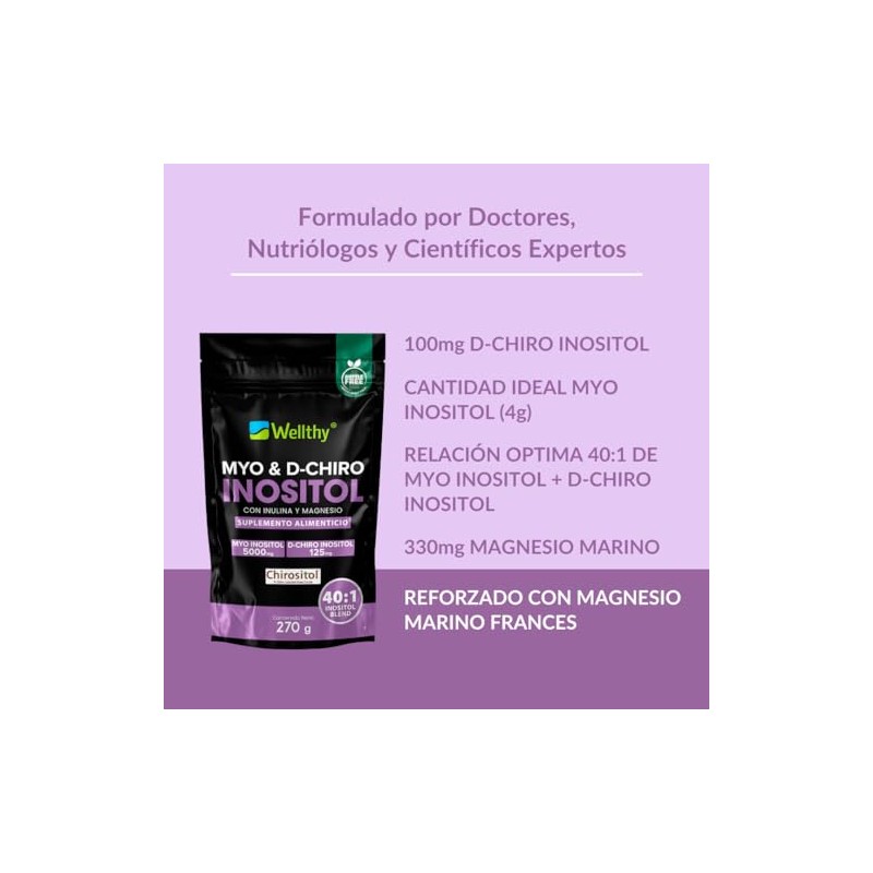 Wellthy Myo Chiro Inositol Polvo 270g Magnesio Marino Mezcla Óptima