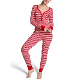 Victoria's Secret PINK Thermal Onesie Pajama Set, Sleepwear for Women, Red Stripe (XL)
