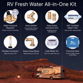 rVandtt RV Fresh Water Kit - RV Water Pressure Regulator, Inline Water Filter, Hose Splitter, Brass Elbow, Flexible Connector, Hose Quick Connects, Leak Repair Kit, and Carrying Case