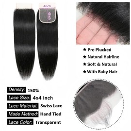 4x4 Lace Closure 10 Inch Straight Closure Hd Transparent Lace Closure Human Hair Free Part Pre Plucked with Baby Hair Lace Frontal Natural Black Color