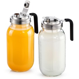 Baderke 2 Pcs Glass Mouth Mason Jars Pitcher with Stainless Steel Pour Spout Lid Leaking Proof Wide Mouth Mason Jars for Drinks Iced Coffee Milk Sun Tea Lemonade Juice(64 oz)