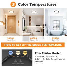 slochi 7.5 Inch Flush Mount Ceiling Light Fixtures, 3000k/4500k/6000K 3 Color Temperatures Selectable LED Ceiling Light, 15W 1500lm Ceiling Light for Bedroom Kitchen Dining Room (2 Pack, Black)