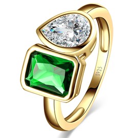 Yaresul Toi Et Moi Ring 14k Gold Plated Emerald Engagement Ring For Women 6x8mm Double Stone Emerald Shape & Pear Cut Cubic Zirconia Wedding Ring Width Band 1.9mm - Size 9