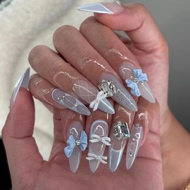 Buy 10 Get 10 Free! [Machine-Made] 24pcs Press-On Nails with Rhinestones & Flowers – French Style Glue-On Nails for Women & Girls:_051