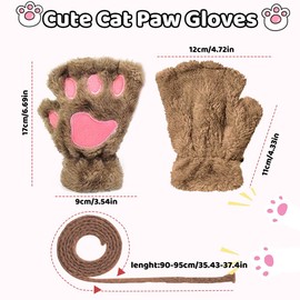 EQLEF Cat Paw Gloves, Plush Fingerless Gloves Mittens Cute Half Finger Gloves Warm Winter Gloves Cat Cosplay Gloves for Kids Girls (Kids-Khaki, 17cm)
