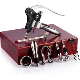 Wine Bottle Opener Set, 9-Pieces Stainless Steel Manual Corkscrew Kit with Classic Wooden Box, Wine Opener Set with Cutter, Spiral Stopper, Pourer for