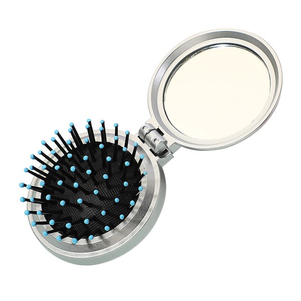 1st Choice Folding Hair Brush with Mirror,Round Mini Compact Massage Comb for Purse/Pocket,Travel Size for Girls and Women (Sliver)
