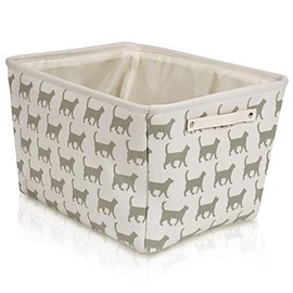 Canvas Storage Basket Rectangular with Handles 7.5''x16''x12.25'', Household Storage For Blankets, Towels, Toys - White with Gray Cat Print