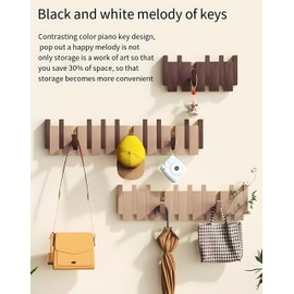 Tlongxia【 Walnut-Beech-12 Hooks Wall Mounted Coat RackHooks Piano Key Hangers Natural Solid Wood Hangers Non-Woven Fabric Clothes Hangers for Closet, Kitchen, Bedroom, Bathroom, Entryway