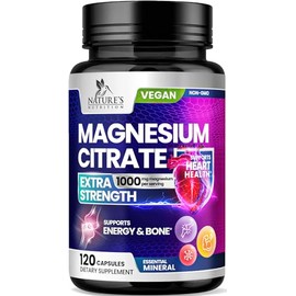 Nature's Nutrition Suplemento de citrato de magnesio en pastillas de 1000 mg: triple potencia. Suplementos de magnesio para huesos, músculos y corazón. Apoyo natural para el sueño de hombres y mujeres