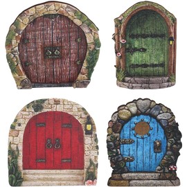 GORGECRAFT 4PCS 4 Styles Mini Fairy Garden Door for Tree Wood Door Windows Wall Accessories DIY Kit Art Sculpture Outdoor Decor for Tree Trunk Bonsai Terrarium Micro Landscape Decoration
