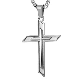 murtoo Cross Necklace for Men, Stainless Steel Embossed Cross Pendant Necklace with Twist Rope Chain Wheat Chain, Cross Necklace Men