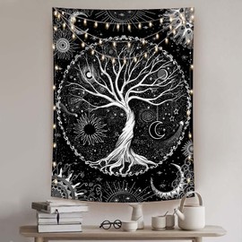 Lunerfex Tree of Life Tapestry Black and White Tapestry Mystical Sun and Moon Tapestries for Bedroom and Living Room Decor Black Tree 44×60 Inches