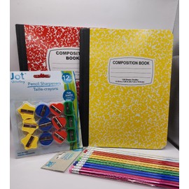 NB Two Composition Books (Red & Yellow) Package of 12 Bright & Sparkly Pencils Package of 12 Assorted Shapes Erasers (Four Piece Set) Back to School Supplies Students Writing