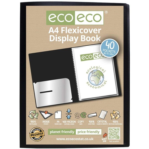 eco-eco A4 100% Recycled 40 Pocket Black Flexible Cover Portfolio
