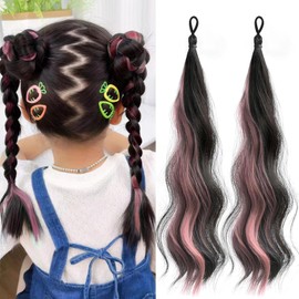 Sucodver Children's Hair Extensions, Children's Hair Extensions, Curly Hair Extensions, Pink, Set of 2, Dance, Curly Hair, Long, Heat Resistant, Fiber, Ironable, Hair Bundles, Ponytail, Bun Braid