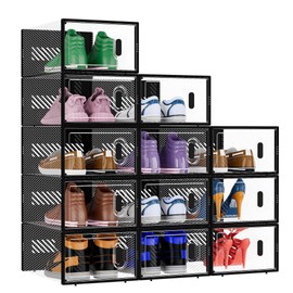 BALEINE 12 Pack Stackable Shoe Storage Boxes Fit Size 11, Thickened Clear Shoe Box Bins with Lids, Plastic Foldable Organizer Sneaker Storage Containers (X-Large, Black)