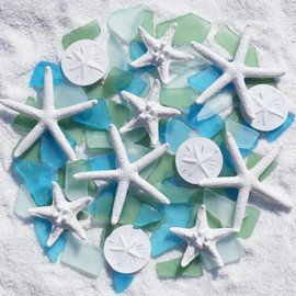 QYGL 12 Resin Starfish & 10oz Sea Glass Decor - Frosted Seaglass Pieces & Starfish Sand Dollar for DIY Crafts, Beach Weddings, Vase Filler, and Home Decor Ornaments (Green, Aquamarine, White)