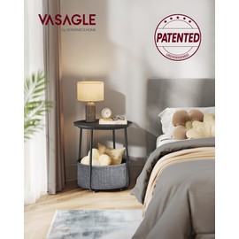 VASAGLE LILEA Collection - Small Round Side End Table, Modern Nightstand with Fabric Basket, Ebony Black and Slate Gray ULET223B01