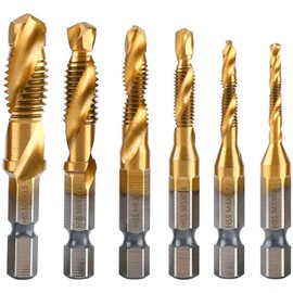 TSUCIA Tap Drill Set, Drill Bit, Hexagonal Shaft, Chamfering Tap, Drilling, Threading, Tap, Spiral, HSS High Speed Steel, Set of 6 (Titanium Gold)