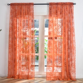 FINECITY 96 Inch Burnt Orange Sheer Curtains for Living Room, 2 Panels Rod Pocket Rust Sheer Lace Curtains Rustic Leaf Floral Privacy Fall Autumn Window Curtain Panels, 52 x 96 Inch, Burnt Orange