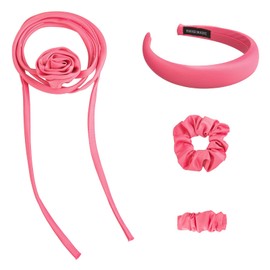 Firopia 4 Pcs HeadBands Set for Women | Pink Flower Choker Necklace|Hair Scrunchies for Women | Pink Headband for Women|Hair Barrettes for Women|Hot Pink Women's Hair Accessories