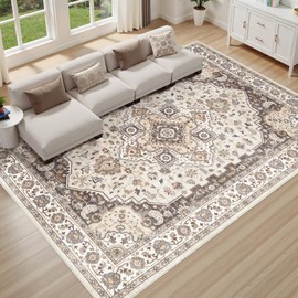 DEXIDUO Washable Area Rug 9x12: Vintage Non-Slip Stain Resistant for Living Room, Soft Large Carpet for Bedroom Dining Room Home Office(Tan and Cream)