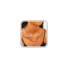 Xduargs Boho Evil Eye Necklace Choker Vintage Paperclip Chain Necklace Layered Evil Eye Choker Necklace Multilayer Figaro Link Chain Collar Necklace Jewelry for Women(Red)