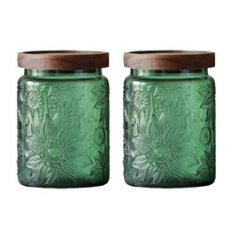 Set of 2 Vintage Glass Jars, Green Glass Storage Jars with Solid Wood Lids (23.7 oz) for Kitchen, Pantry, Candy, Flour, Oatmeal, Coffee Beans, Pet Food, Laundry Detergent, Cute Jar (Green, 2 Pack)