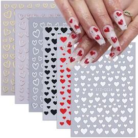 Sutaozhi 6 Sheets Valentine's Day Nail Stickers 3D Heart Nail Art Stickers Decals Black White Red Gold Silver Heart Nail Design Nail Decals Valentines Nail Supplies for Women Acrylic Nail Decoration DIY