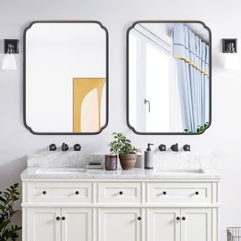 Ferytange 28"x36" Black Bathroom Mirror with Rustproof Metal Frame, Modern Rounded Corner Wall Mirror for Vanity Over Sink, Horizontal/Vertical Hanging