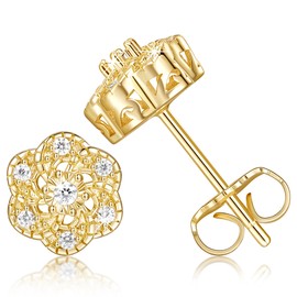 14k Gold Stud Earrings for Women Trendy Flower-shaped Gold Earrings Studs Fit Hypoallergenic Earring CZ Stud Earring Butterfly Push Backings 8mm
