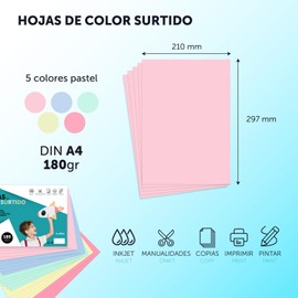 m-office Cartoncini Colorati, Cartoncini A4 Colori Assortiti, Fogli Colorati 180gr per Lavoretti, Stampa Documenti e Disegni Creativi, Fogli Colorati A4 (x10 Assortimento Intense+Pastello)