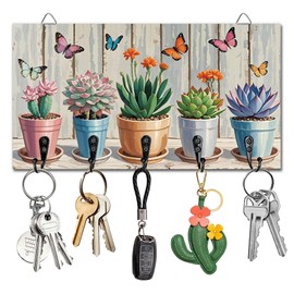 DELORIGIN Succulent Plants Key Holder Key Hooks Wall Mounted Wooden Key Racks with 5 Hooks Key Storage Organizer House Key Hanger for Wall Decor Door Entryway Hallway Kitchen New Home Gift