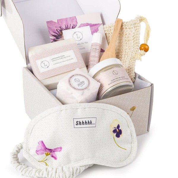Lizush Bath Gift Set - Pampering Box with Spa Items - Handmade Relaxation Gifts for Women - Complete Luxury Spa Day Kit for Women - 6 Piece Set - Lavender