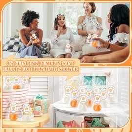Leelosp 48 Sets Pumpkin Soap Baby Shower Favor Included 48 Mini Pumpkin Soap Thanks Cards and Gift Bags with Ribbon for Fall Thanksgiving Wedding Bridal Shower Party Decor Guest Gifts (White and Pink)