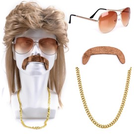 Mullet Wig Brown, 4 Piece Set Mullet Wig for Mullet Party, 80s 90s Outfits Hip Hop Costume Kit, Pop Rock Wig + Sunglasses + Necklace + Beard, Disco Wig Costume Fancy Dress