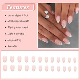 AKOFIC Pack of 24 Press on Nails Short Almond Artificial Nails for Gluing Natural Nude Fake Nails White Glitter Design False Nails with Nail Glue Stickers for Women