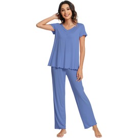 WiWi Viscose from Bamboo Pajama Sets for Women Soft Pjs Loungewear Short Sleeve with Pants Sleepwear S-XXL, Fog Blue, X-Large