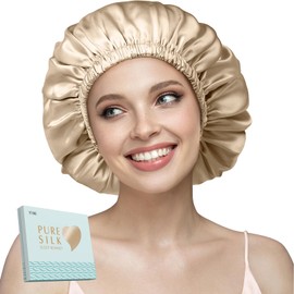 YFONG Double Layered 100% Silk Bonnet for Sleeping Women, 22 Momme Mulberry Silk Cap with Adjustable Elastic Band, Champagne, M
