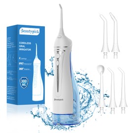 Water Dental Flosser Teeth Pick: Portable Cordless Oral Irrigator 300ML Rechargeable Travel Irrigation Cleaner Beautypick IPX7 Waterproof Electric Flossing Machine for Teeth Cleaning White