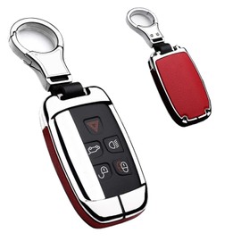 SANRILY Keyless Key Cover for Land Rover LR4 for Jaguar XF Metal Leather Key Protector Case Shell Fit for Range Rover Discovery Sport Red