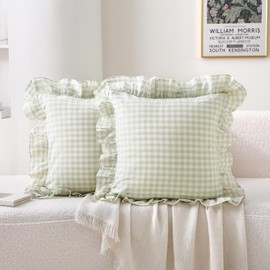 K MASANIJI 2 Pack Pile Green White Plaid Ruffle Gingham Throw Pillow Covers, 100% Washed Cotton Checkered Farmhouse Decorative Pillow Shams for Bed/Sofa - 18‘’x18''