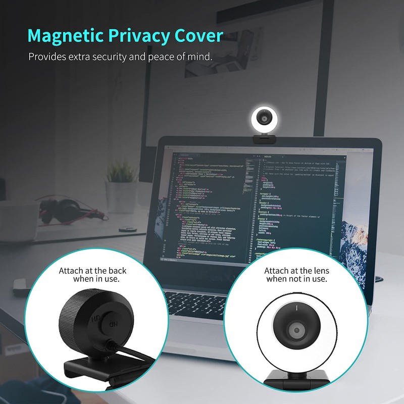 60FPS 1080P Auto-Focus HD Webcam with Ring Light and Privacy
