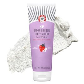 First Aid Beauty - KP Bump Eraser Body Scrub with 10% AHA, Keratosis Pilaris Exfoliator with Glycolic and Lactic acids, Helps Reduce Chicken Skin Bumps, Safe for Sensitive Skin, Strawberry Scent, 8 oz