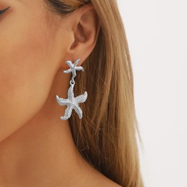 Starfish Earring for Women Pearl Starfish Dangle Earring Boho Ocean Turtle Seashell Shell Earrings Summer Beach Jewelry (Starfish Silver)