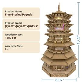 3D Wooden Puzzles for Adults Wooden Pagoda Assembly Model Kits,3D Puzzle Adult Building Crafts for Adults and 14+ Teens.(Five-Storied Pagoda 1287 Pieces)