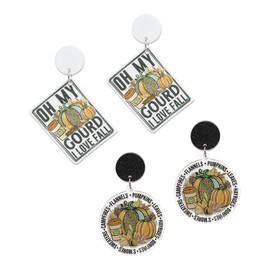 JeanBeau Fall Thanksgiving Dangle Earrings Women, Orange Pumpkin Large White Square Round Drop Acrylic Earrings Bulk Set for Sisters – Cute Party Holiday Accessories Costume Jewelry Gift